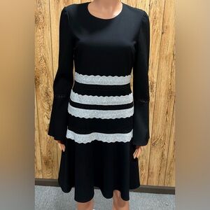 KOBI HALPERIN Long Sleeve Stretch Ponte Lace Detail Fit Flare Dress Black NWT M